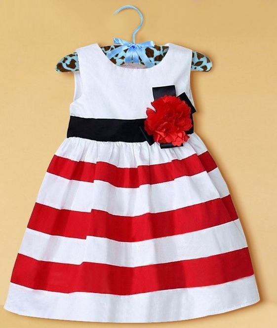 2015 New Baby Girl clothes Red And White Striped Flower Girls Princess Dresses For Kids Clothing sl