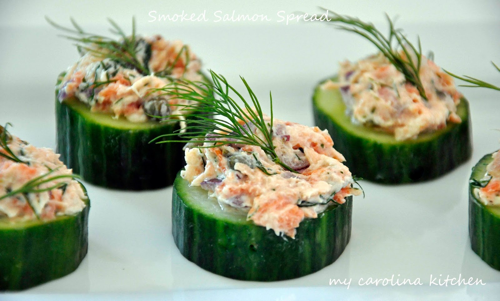 My Carolina Kitchen Smoked Salmon on Cucumbers featuring two