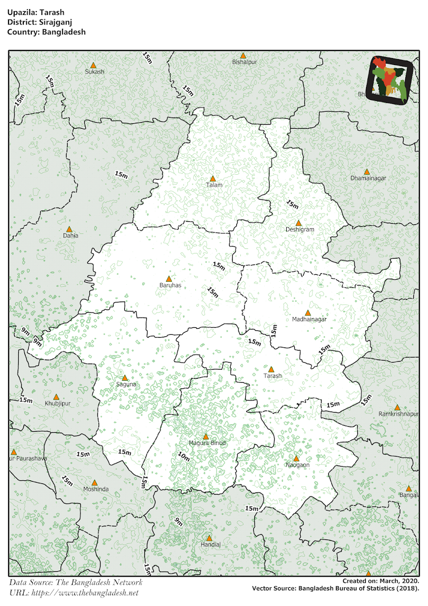 Tarash Upazila Elevation Map Sirajganj District Bangladesh
