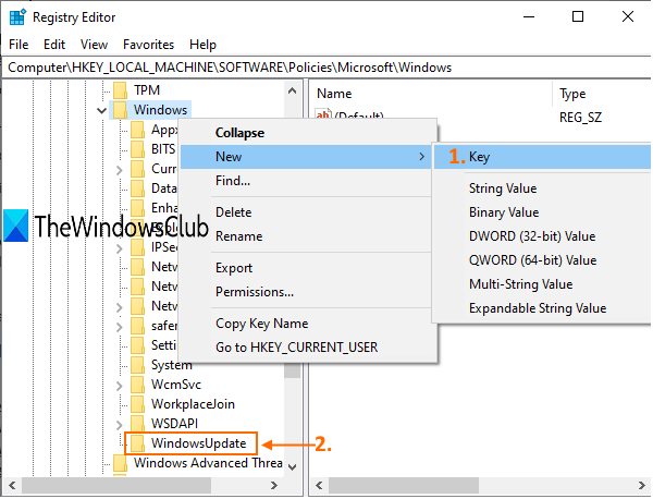 crear la clave de actualización de Windows en la clave de Windows