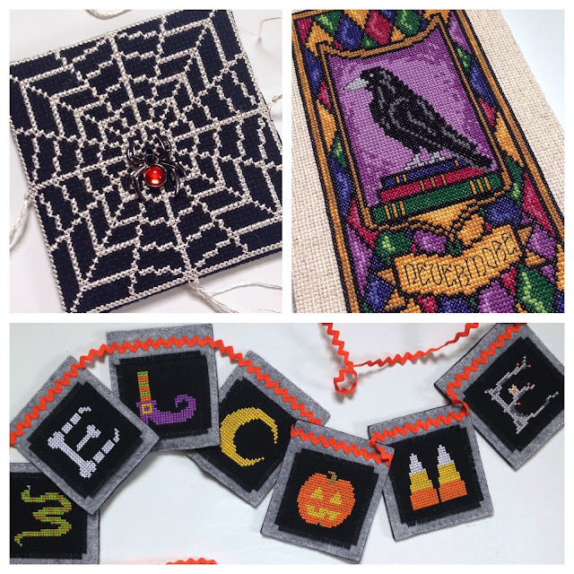 cross-stitched spider web ornament, raven picture, and Halloween welcome banner