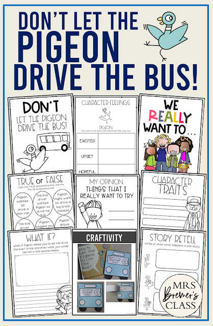 Don't Let the Pigeon Drive the Bus book study activities unit with Common Core aligned literacy companion activities, class book & craftivity for Kindergarten and First Grade