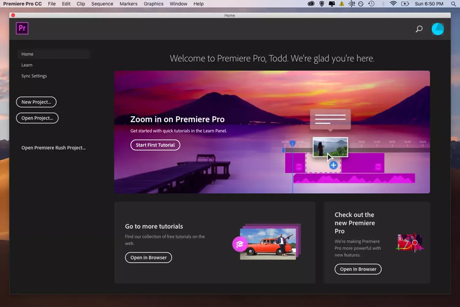 الشاشة الترحيبية لبرنامج Adobe Premiere Pro CC 13.1.2