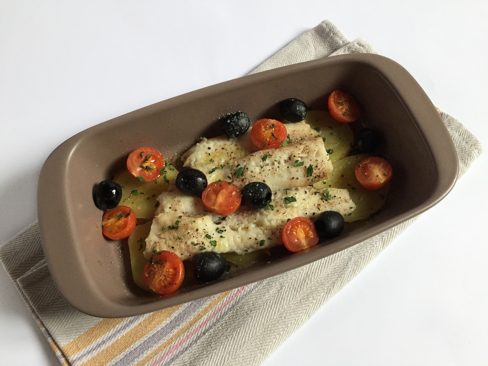 Inglourious Bananas: Baked Cod with Potatoes, Cherry Tomatoes and