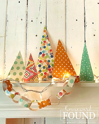 paper crafts,paper,crafting,dollar store crafts,Christmas,Christmas Decor,Christmas tree,color,colorful home,DIY,diy decorating,decorating,gift wrapping,re-purposing,up-cycling,winter,holiday,paper Christmas trees,mantel decor,Christmas trees on mantel,gift wrap crafts, paint chips,paint chip crafts,diy Christmas decor,Christmas mantel,holiday mantel,holiday decorating,holiday decor,colorful Christmas,Dollar Tree