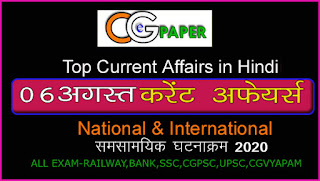 06 August 2020 Current Affairs in Hindi 06 August 2020 Current Affairs in Hindi