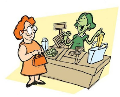 Una caricatura, de una señora pagando su compra en una tienda de víveres, y la cajera le recibe el pago, en una actitud muy cordial.