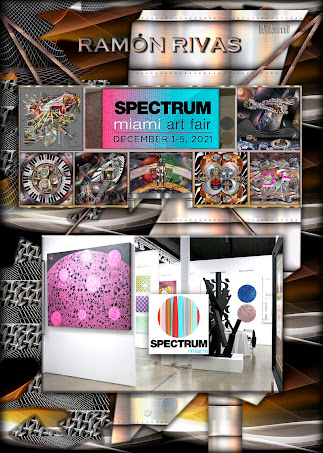 Composición con un cartel anunciador de Spectrum Miami 2021, junto a algunas obras de Ramón Rivas