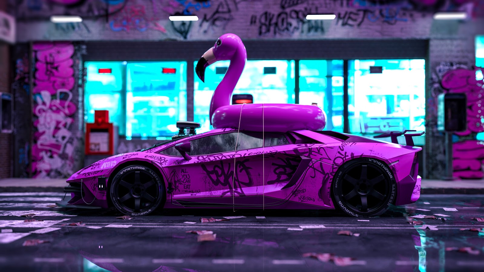 pink car Lamborghini and a flamingo at its side