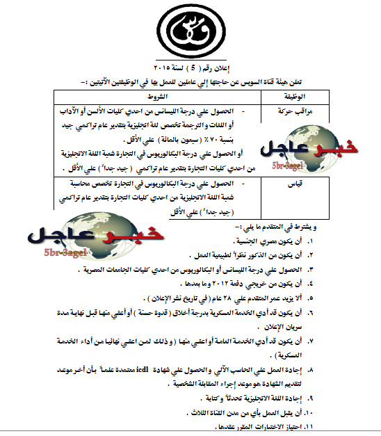 هيئة قناة السويس - تعلن عن وظائف لخريجى الكليات والتقديم حتى 14 / 12 / 2015