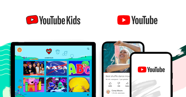 Meerdere schermen met YouTube en YouTube-kinderen.