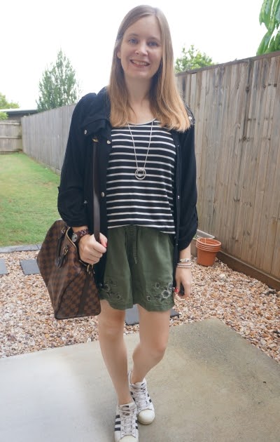 Away From Blue  Aussie Mum Style, Away From The Blue Jeans Rut: Olive And  Black Striped Tanks and Shorts Outfits With LV Speedy Bandouliere