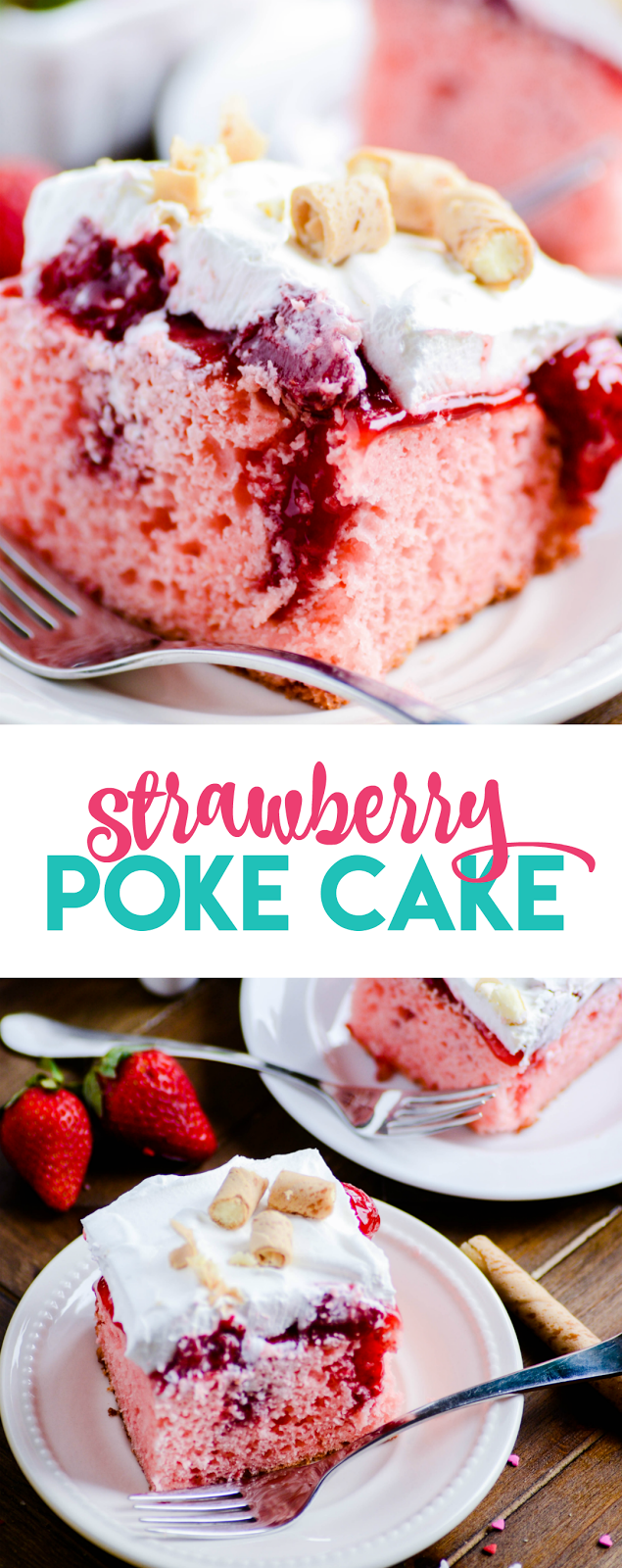 Strawberry Cake soaked in homemade strawberry sauce, spread with a whipped topping, and topped with white chocolate-filled pirouettes. 