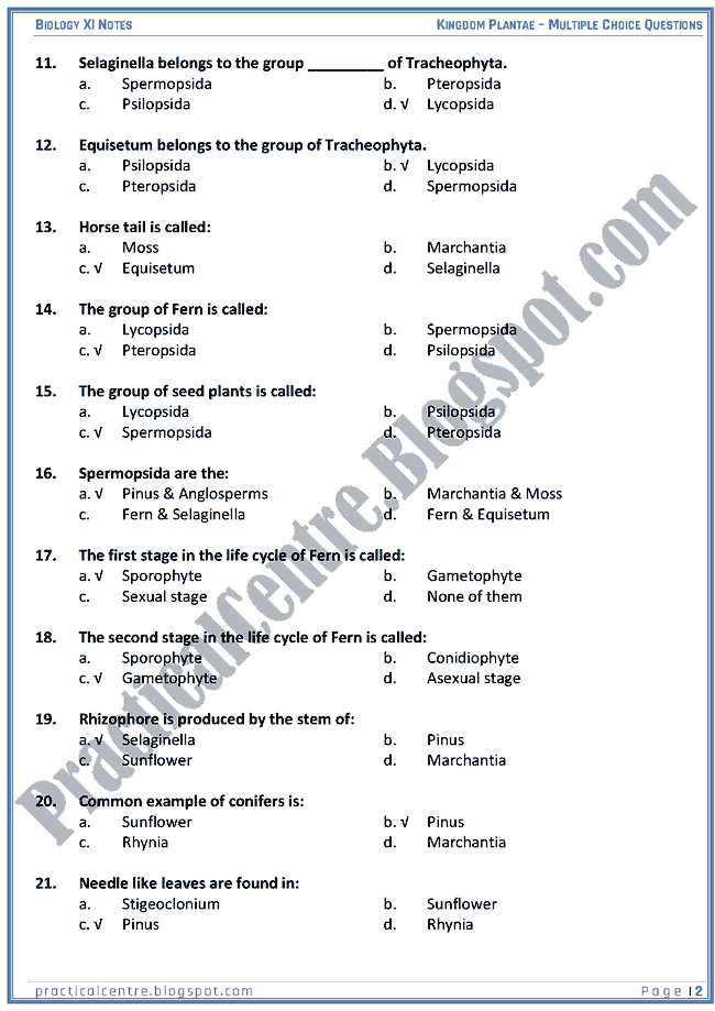 Kingdom Plantae - Multiple Choice Questions (MCQs) - Biology XI