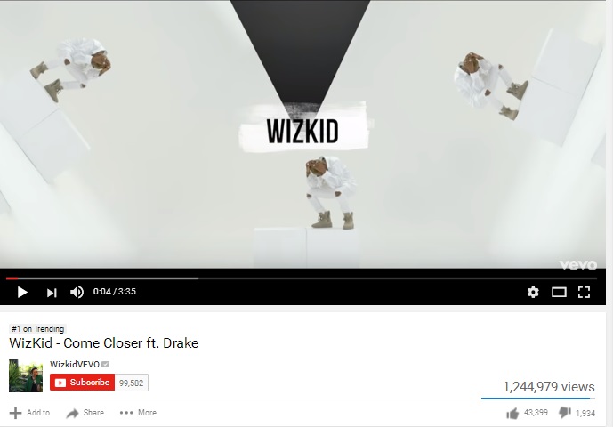 Wizkid’s “Come Closer” Ft. Drake Hits 1 Million views on YouTube in Less Than 24 Hours