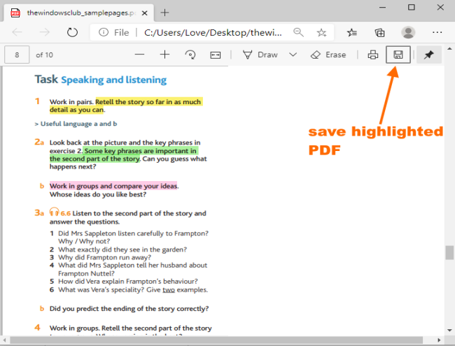 salva il pdf evidenziato in microsoft edge