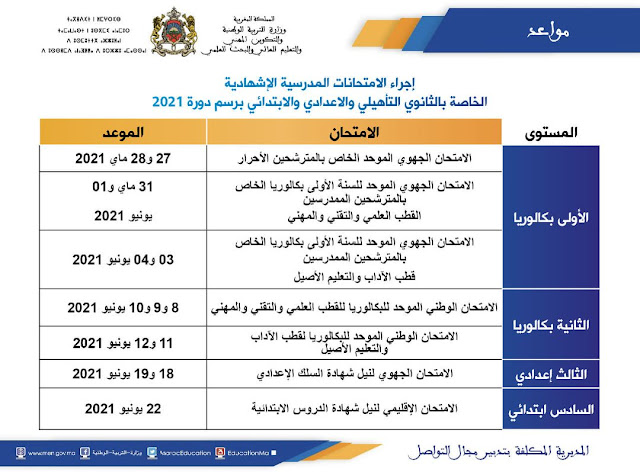 مواعد الامتحانات المدرسية الإشهادية دورة 2021