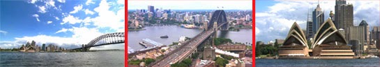 Views of the Sydney Harbor Bridge and Opera House.
