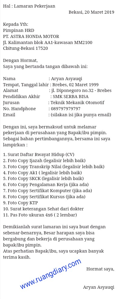 Contoh Surat Lamaran Kerja Di Pt Astra Honda Motor