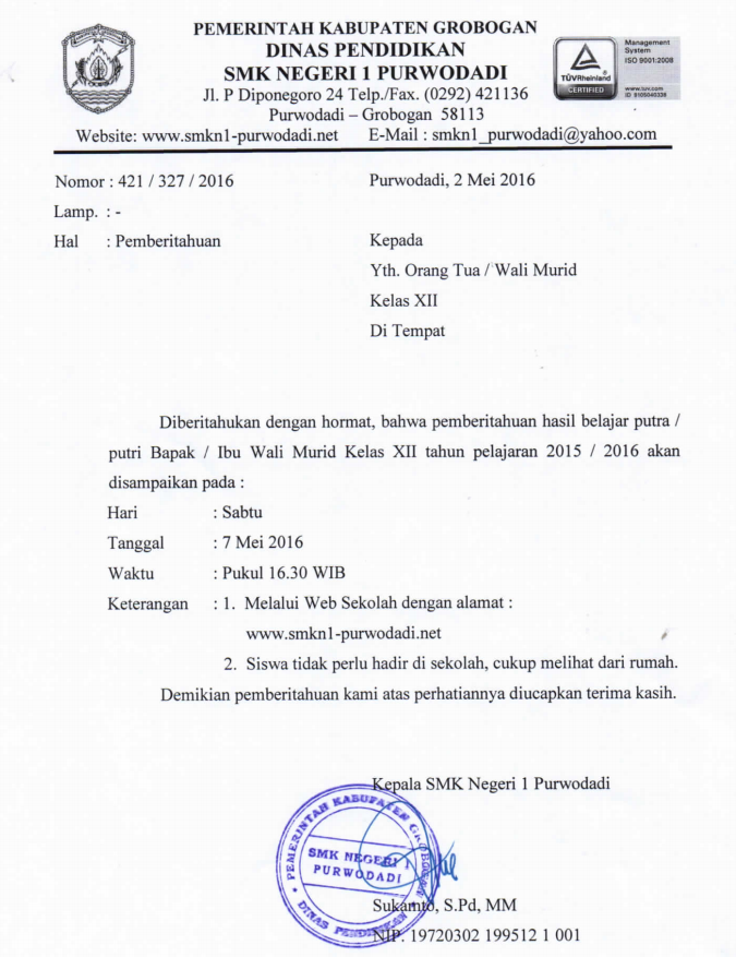 Surat Pemberitahuan Pengumuman Kelulusan Tahun 2016 Smkn 1