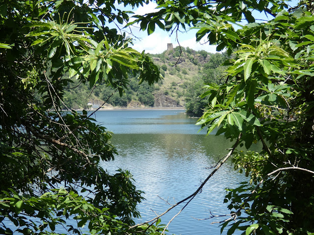 Nous atteignons enfin un chemin plat au bord du lac et pouvons contempler le chateau de Thuriès entre les frondaisons.