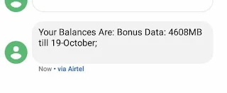 A message from Airtel showing data bonus balance of 4608mb(4.6gb)