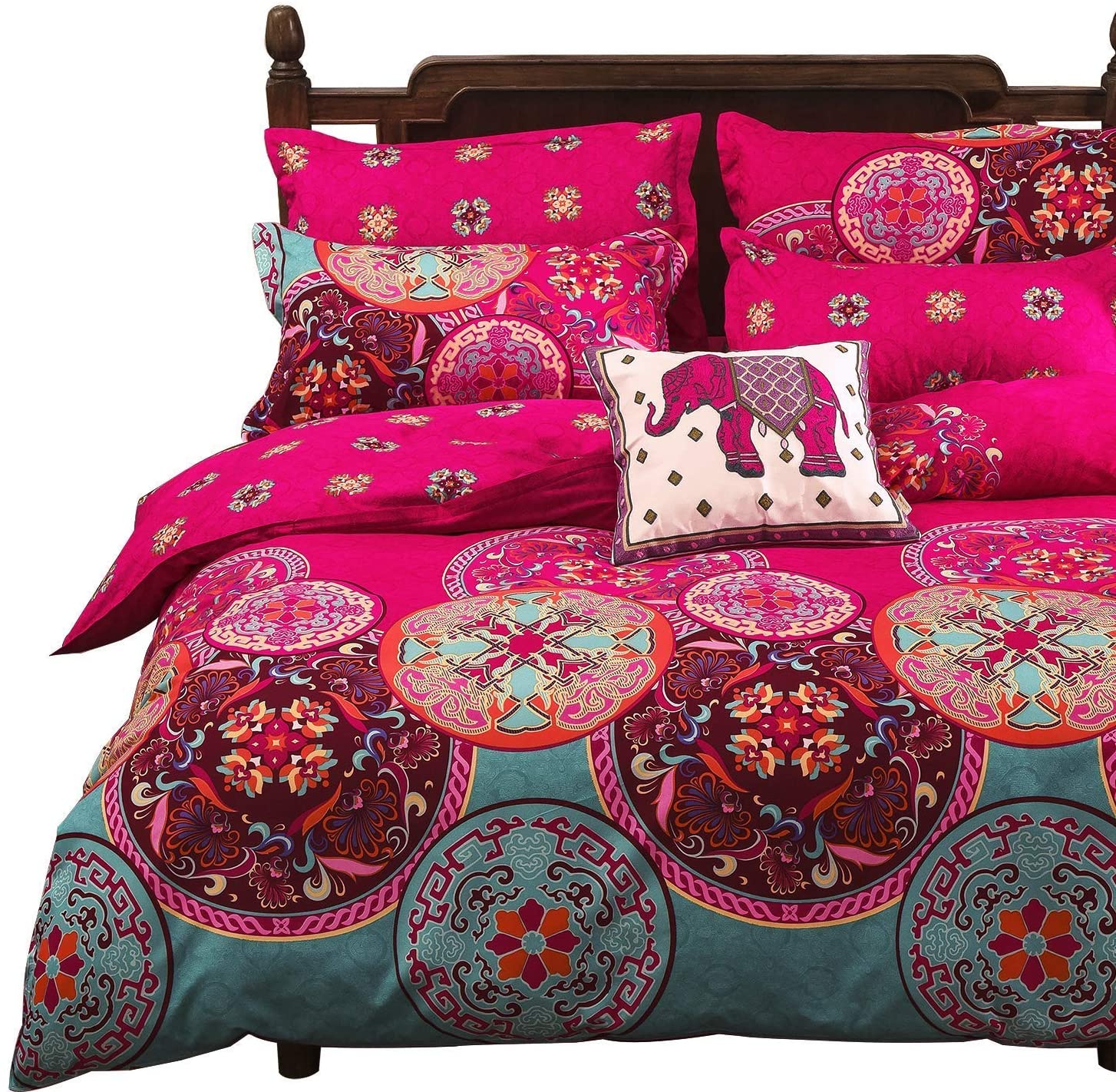 Vaulia Lightweight Microfiber Duvet Cover Set, Bohemia Exotic Patterns Design, Bright Pink