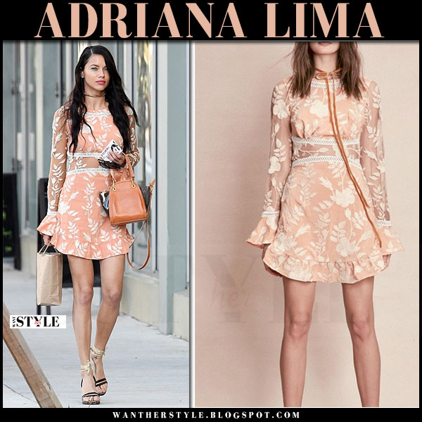 Adriana Lima in peach floral embroidered mini dress Miami November 13