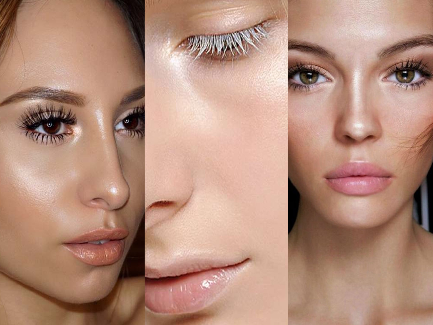 beauty collage with three glass skin makeup looks