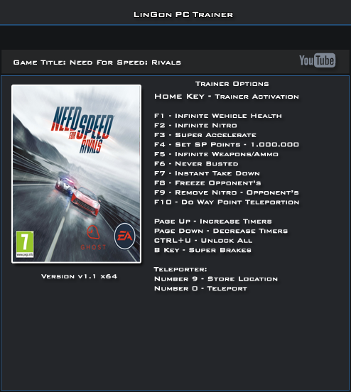 Need for Speed Rivals v1.1 32 & 64 Bit Trainer +13 [LinGon]