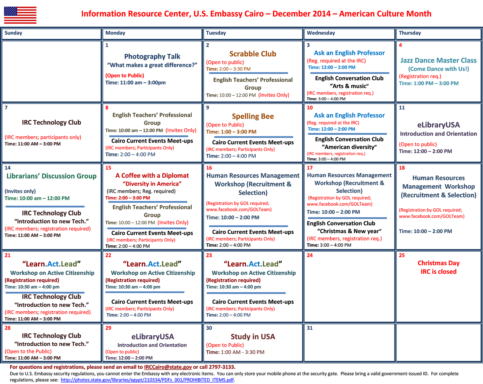 جدول مكتبة السفارة الامريكية لشهر ديسمبر IRC Schedule U.S. Embassy