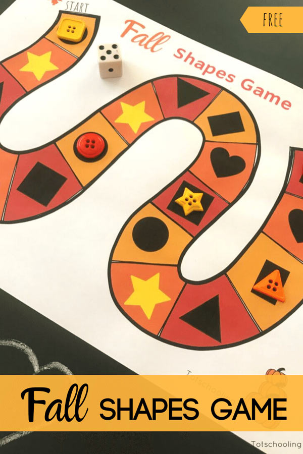 FREE printable Fall themed board game for kids to practice identifying shapes and drawing them. Great for preschool and kindergarten kids!
