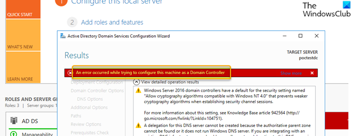 Si è verificato un errore durante il tentativo di configurare questa macchina come controller di dominio