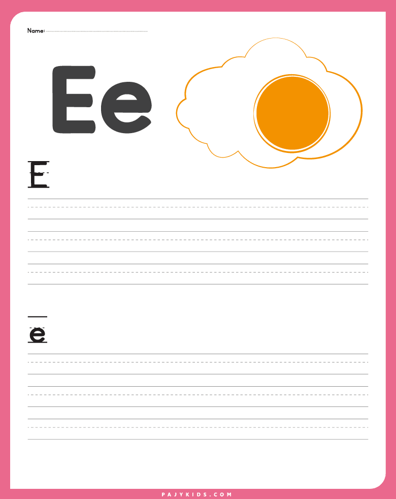 كتابة حرف e للاطفال بأشكاله الصغيرة والكبيرة وإكتساب مهارة التمكن من الكتابة بشكل صحيح.