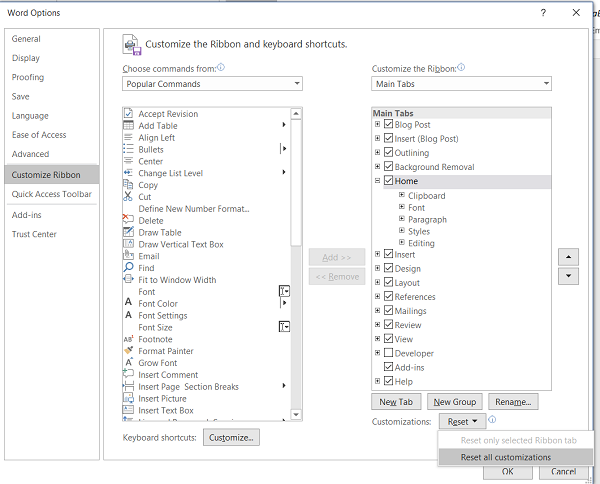 ¿Cómo restablecer las personalizaciones de la cinta a los valores predeterminados en Microsoft Office?