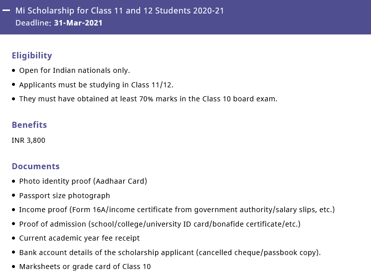Mi Scholarship for Class 11 and 12 Students 2020-21