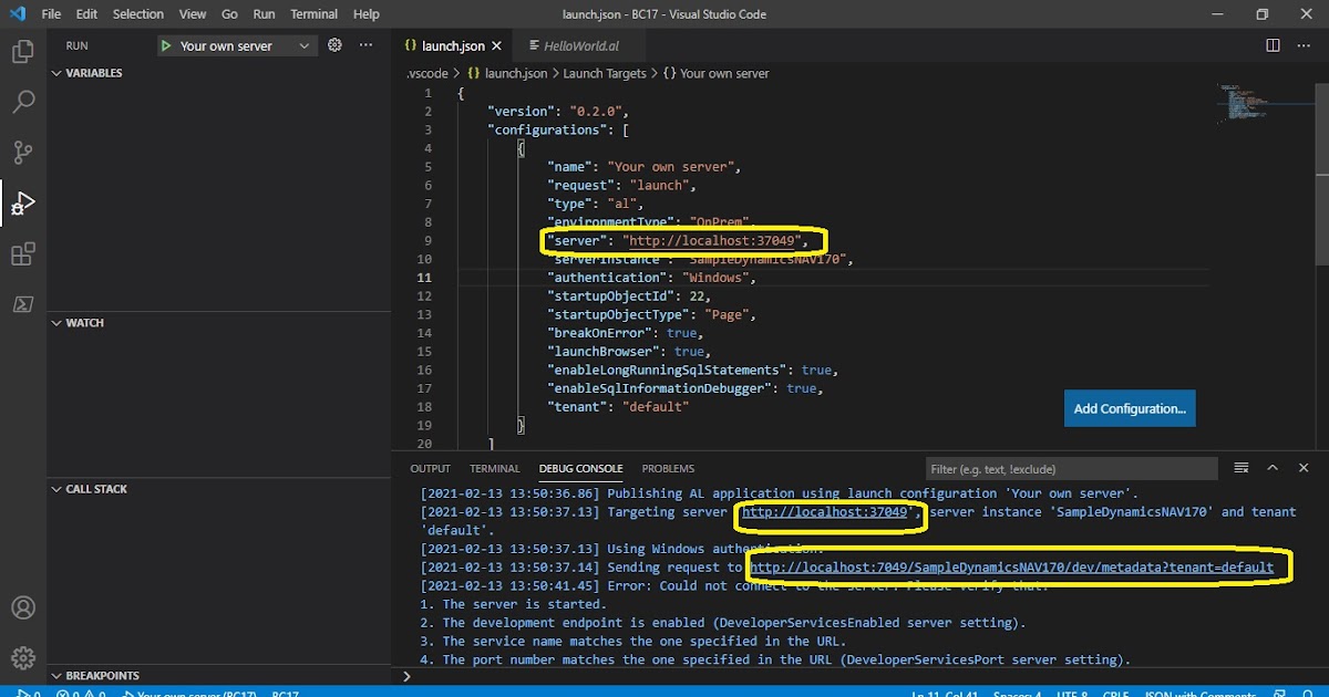 Issue with launch.json in Business Central OnPrem