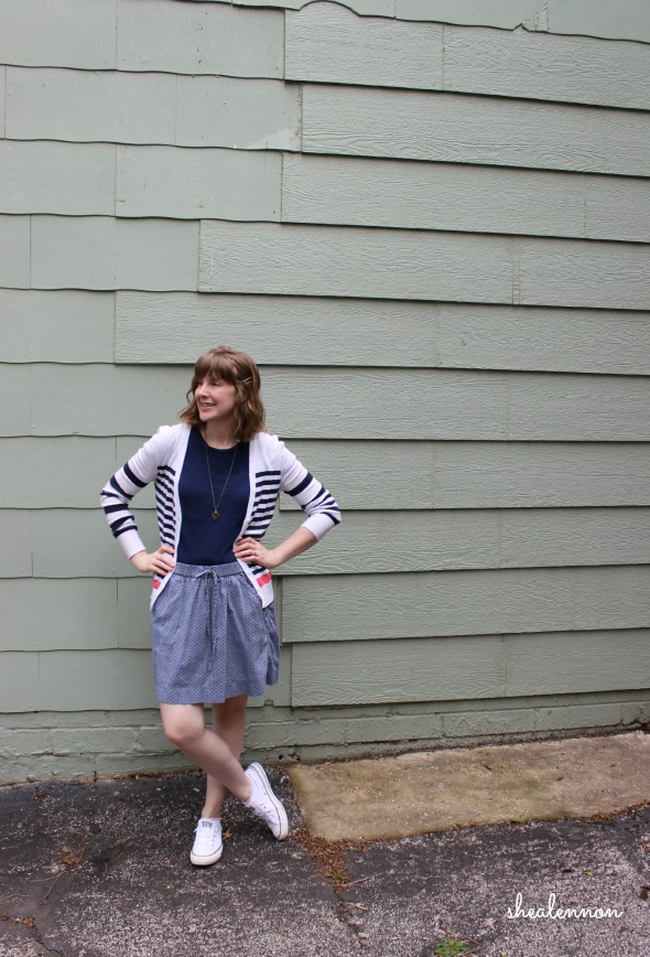 chambray skirt with white sneakers and striped cardigan | www.shealennon.com