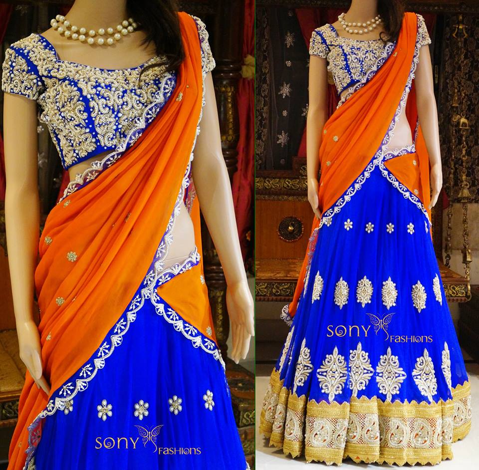 Lavanya The Label Blue & Orange Thread Work Ready to Wear Lehenga & Blouse  With Dupatta - Absolutely Desi