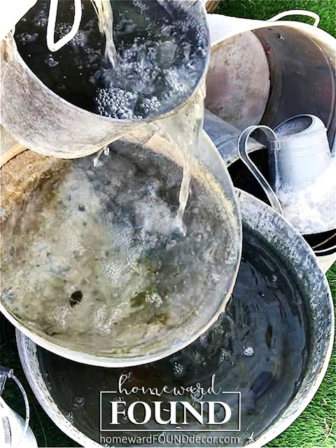 salvaged, junk, junking, diy, garden, backyard decor, home decor, farmhouse style, rustic style, galvanized buckets, fountains, repurposed, diy, spring decorating, industrial style