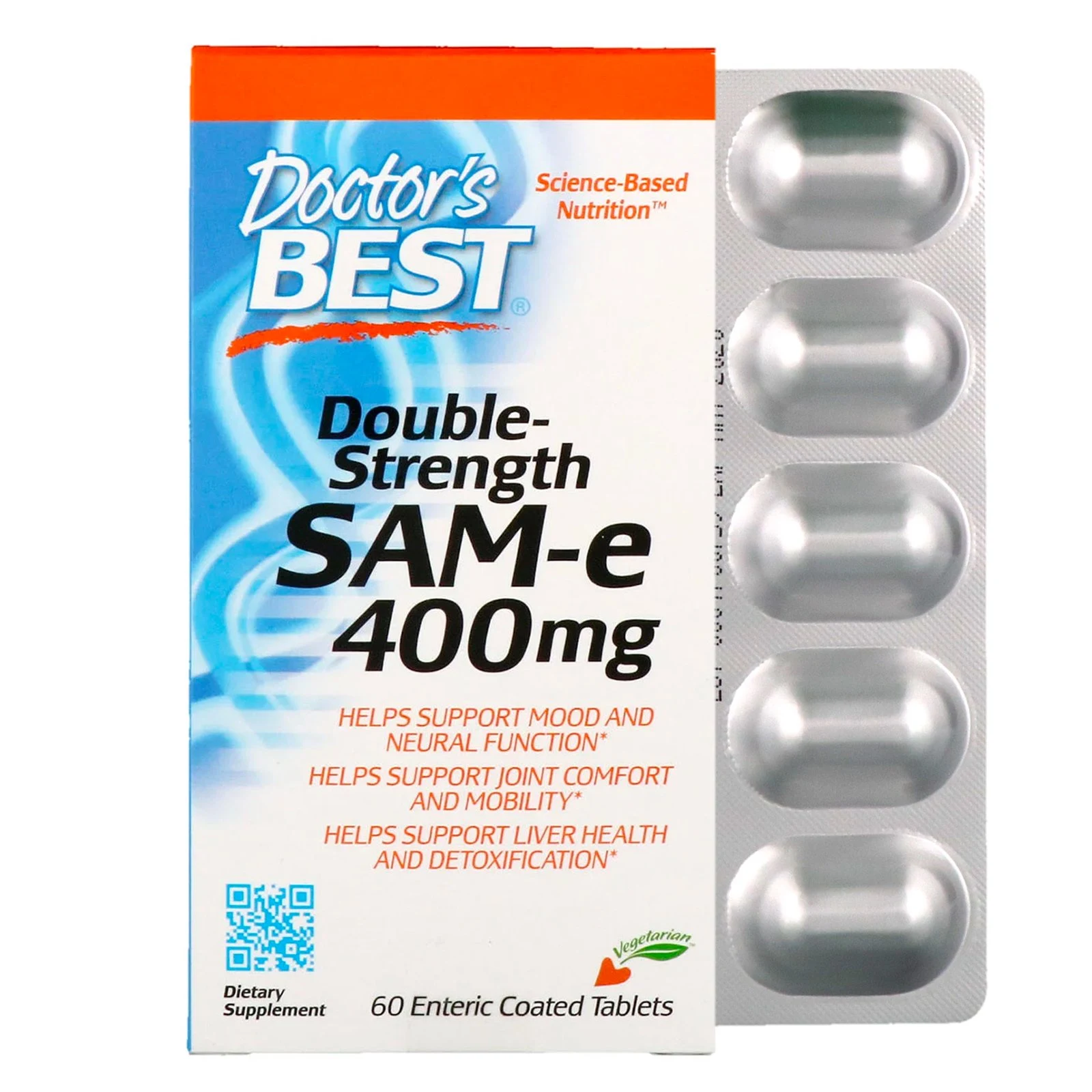 Doctor's Best, SAM-e, Double Strength, 400 мг, 60 таблетки, покрытые желудочно-резистентной оболочкой