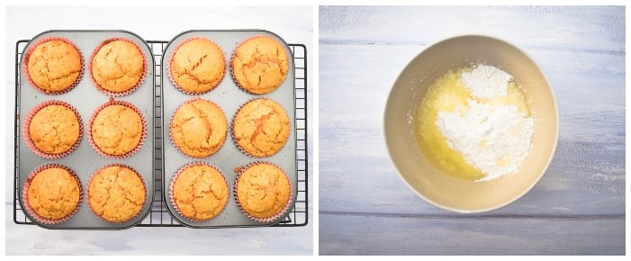 Vegan Lemon Muffins - Step 6 (baked muffins and ingredients for icing in bowl)