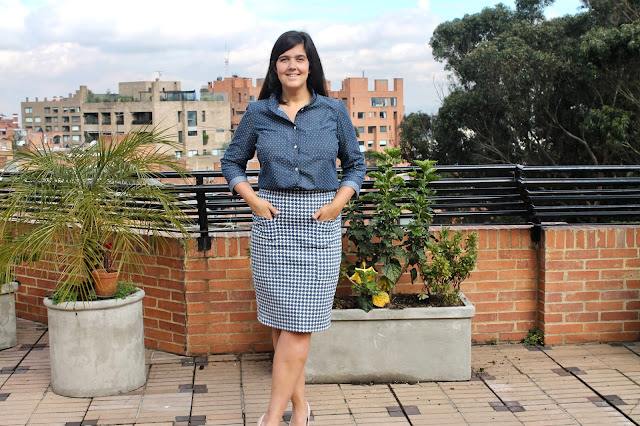 Modeling a dotted chambray shirt made from the Simplicity 2246/Lisette Traveler sewing pattern.