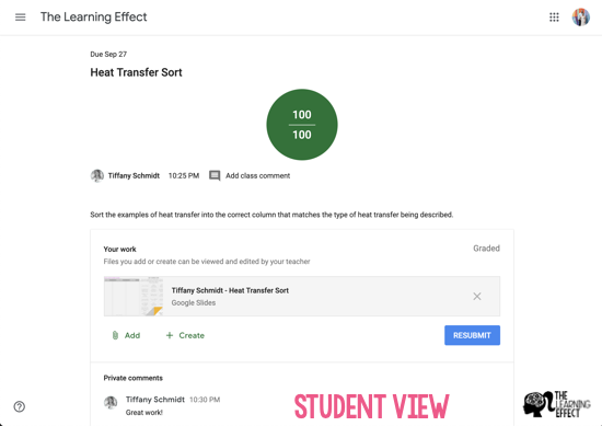 Google Classroom student teacher view