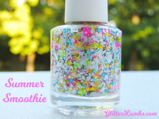 Glitter Lambs Summer Smoothie Glitter Nail Polish Glitter Lambs "Summer Smoothie" Glitter Nail Polish is a custom handmade glitter topper nail polish made for doing some awesome summer nails! Summer Smoothie nail polish has gold holographic hearts, gold holographic stars, neon green hearts, neon hot pink hearts, mini pink stars, mini blue stars, mini yellow stars, and more! Glitter Lambs Nail Polish www.GlitterLambs.com Glitter Nails Glitter Nail Polishes for Sale