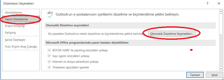 Outlook'ta Otomatik Düzeltme Seçenekleri