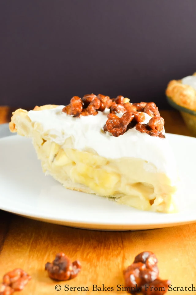 Butterscotch Banana Pudding Pie with Toffee Walnuts recipe is a favorite slice of pie perfect for Thanksgiving or Christmas from Serena Bakes Simply From Scratch.