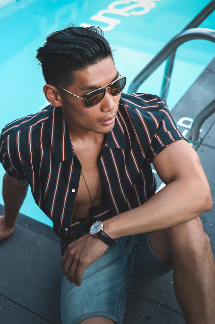 Leo Chan wearing Nautical Stripes, Burberry Aviator Sunglasses, A21 Necklace for a Poolside Look | Asian Male Model
