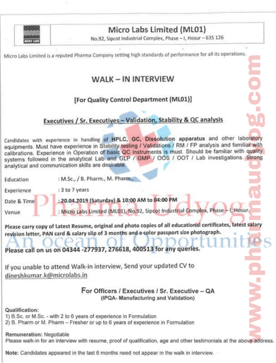Micro Labs Walkin for QC and IPQA 20th April 2019 Hosur
