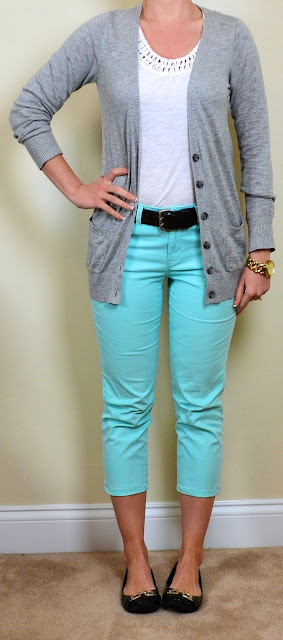 outfit post: mint cropped pants, white woven neck tank, grey boyfriend ...